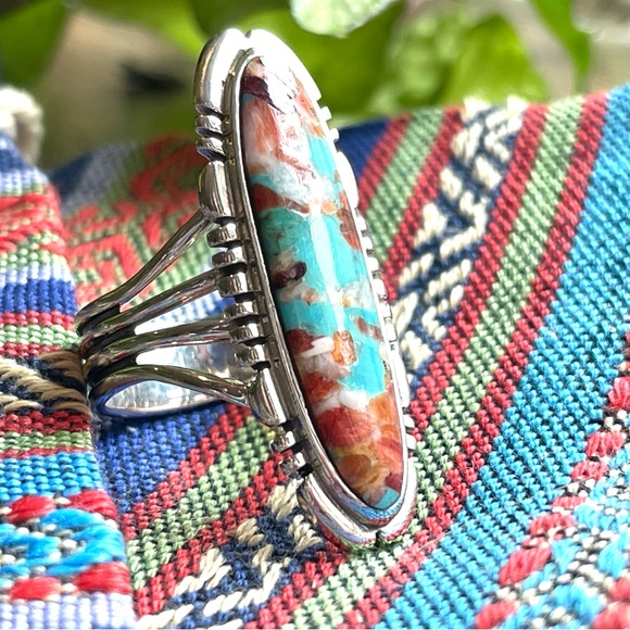 handmade Jewelry - Genuine Turquoise & Spiny Oyster 925 Sterling Silver Ring 9 long oblong oval